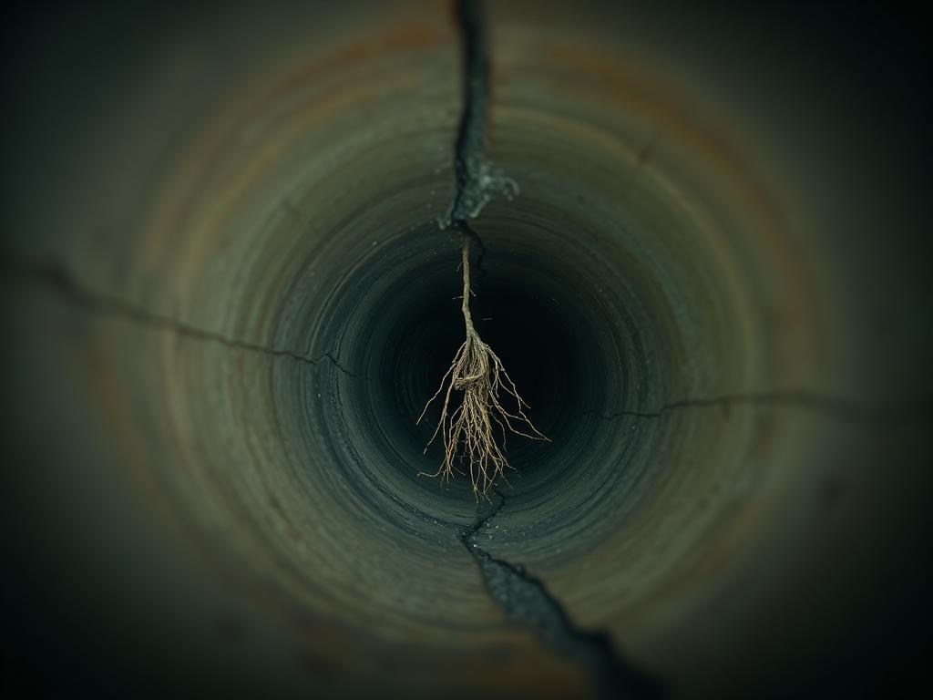 AI-generated placeholder: cracked earthenware drain with root intrusion